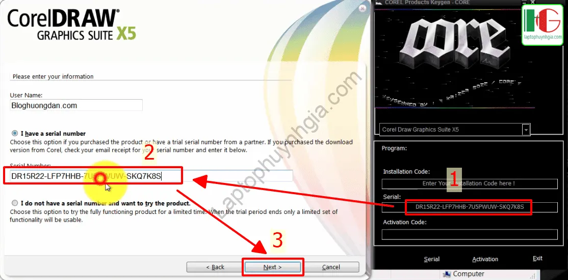 Bước 3: Nhập serial number và chọn Next khi cài Corel X5