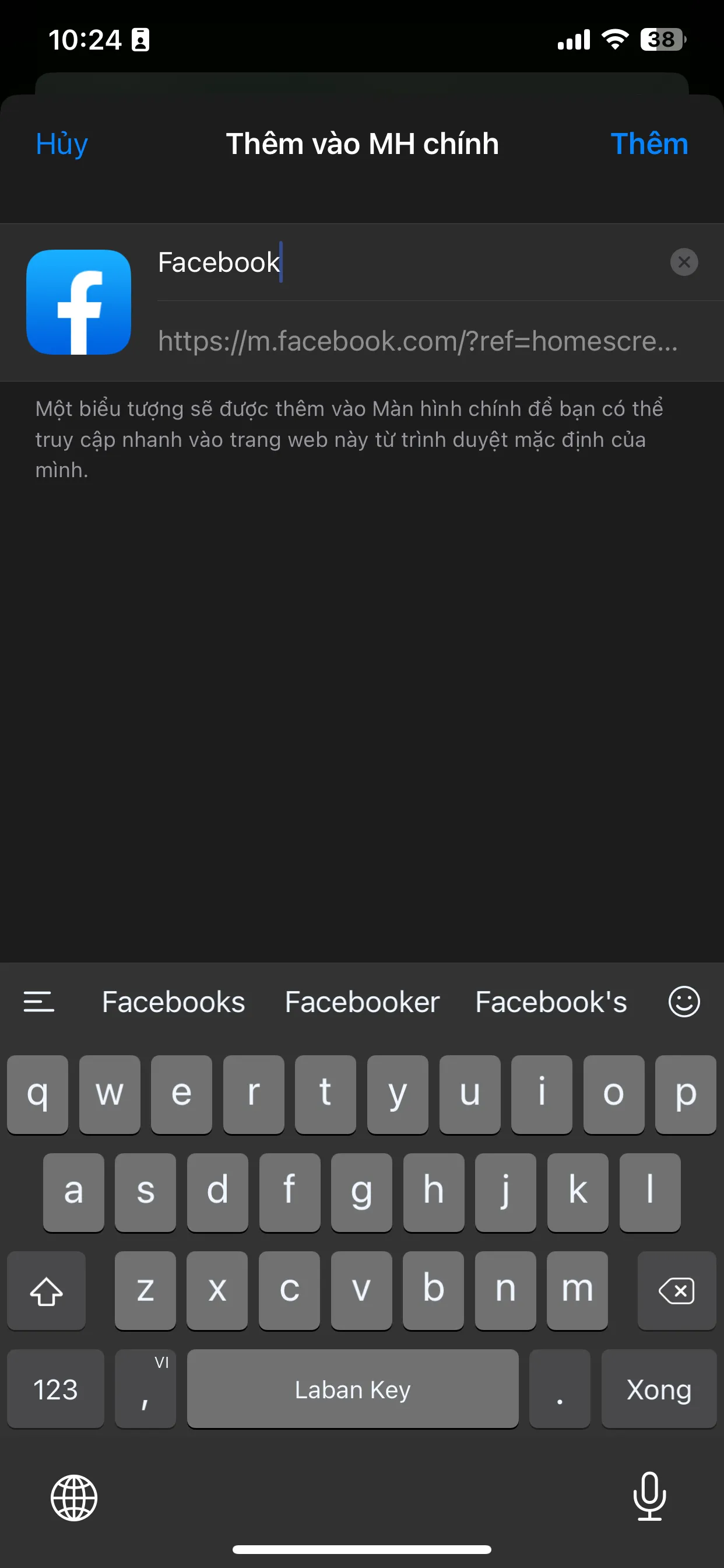 Bước 3 trong cách sử dụng Facebook Lite qua Safari: Đặt tên cho biểu tượng Facebook
