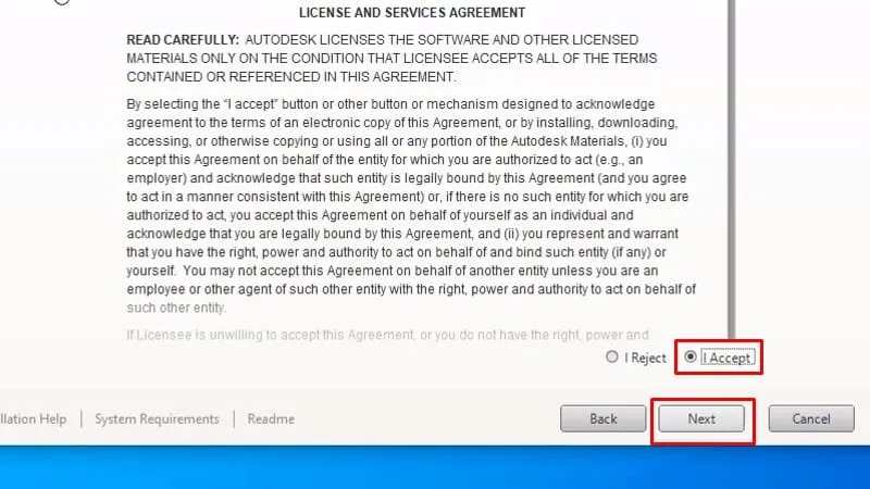 Bước 4: Chấp nhận điều khoản I Accept và bấm Next khi cài đặt Autocad 2017