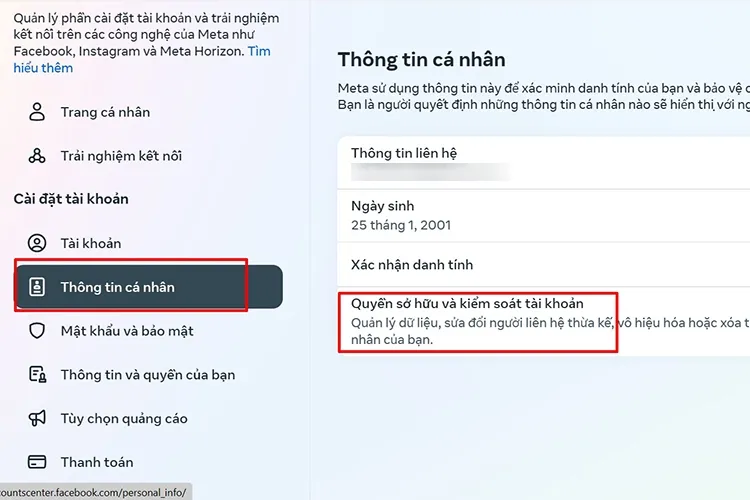 Bước 4: Chọn Thông tin cá nhân rồi Quyền sở hữu và kiểm soát tài khoản