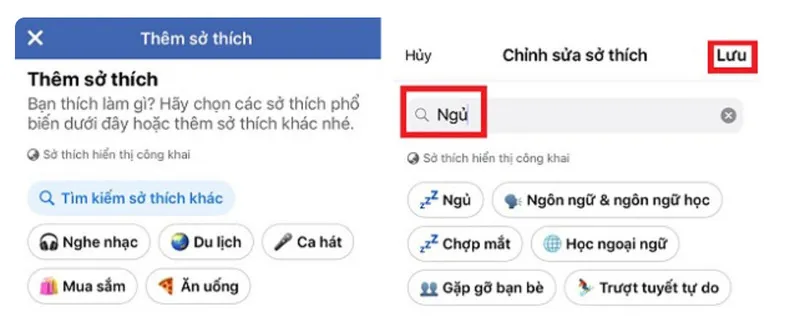 Bước 4: Danh sách sở thích xuất hiện, người dùng có thể lựa chọn hoặc tìm kiếm thủ công