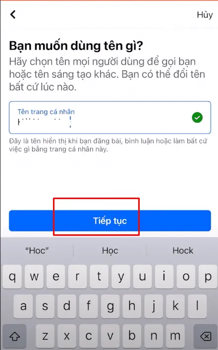 Bước 4: Đặt tên cho Trang cá nhân phụ (nick facebook phụ) trên ứng dụng di động