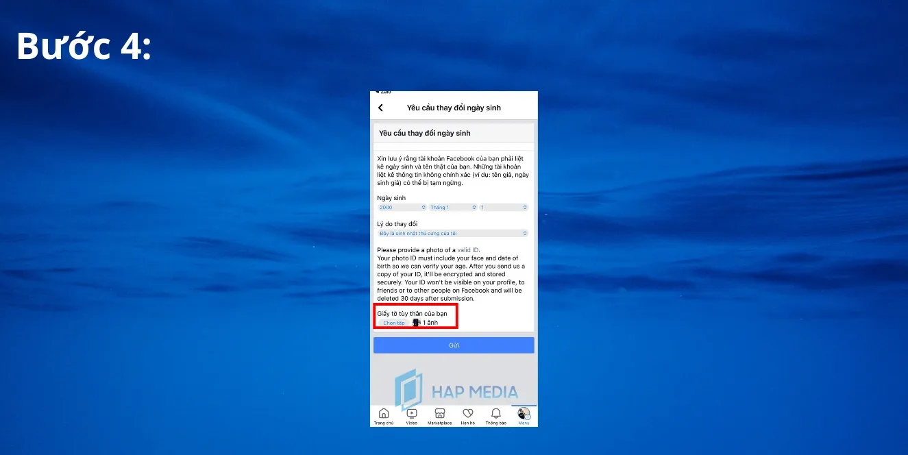 Bước 4: Tải lên giấy tờ tùy thân hợp lệ để xác minh thông tin ngày sinh Facebook