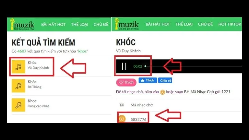 Bước 4: Tra cứu mã bài hát trên website để cài đặt nhạc chờ