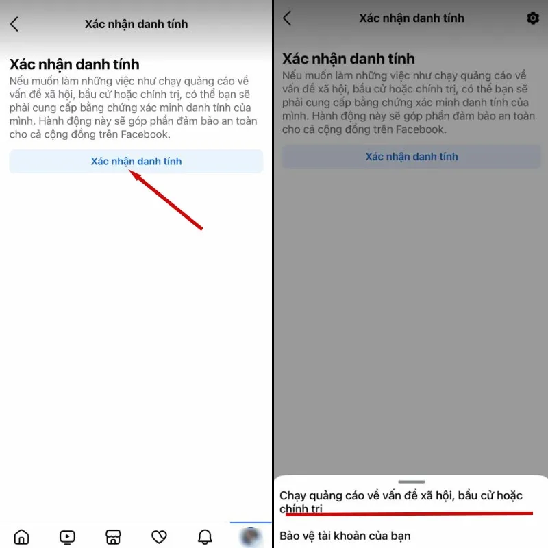 Bước 5: Chọn Xác nhận danh tính để chạy quảng cáo chính trị làm bước xác thực CCCD