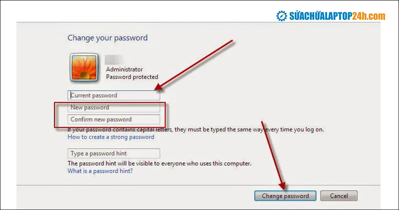 Bước 5: Điền thông tin mật khẩu mới để hoàn tất cách cài đặt màn hình khóa máy tính Win 7