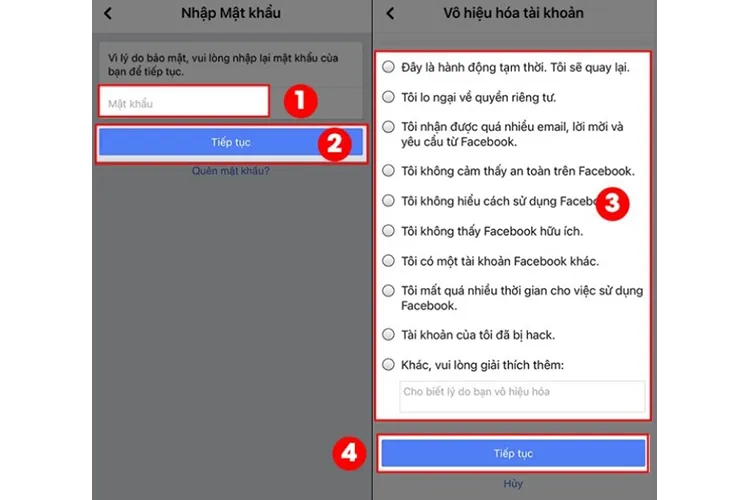 Bước 5: Nhập mật khẩu và chọn lý do vô hiệu hóa