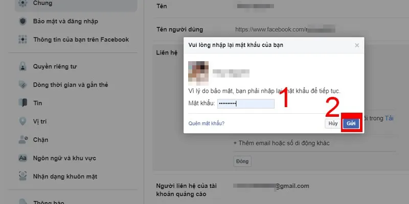 Bước 6 (Phần II): Nhập chính xác Mật khẩu tài khoản Facebook hiện tại và chọn Gửi để xác thực yêu cầu thay đổi email chính