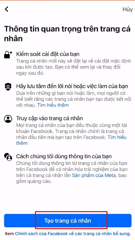 Bước 6: Xác nhận và hoàn tất quá trình tạo trang cá nhân phụ (nick facebook phụ) thành công