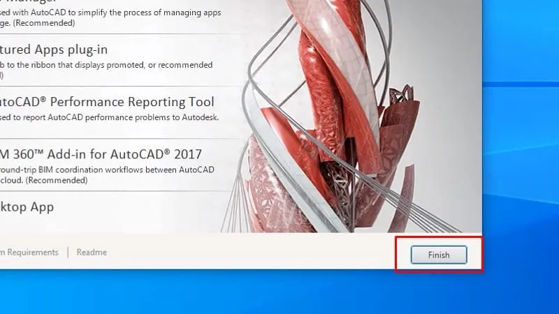 Bước 7: Bấm Finish để hoàn thành cài đặt Autocad 2017