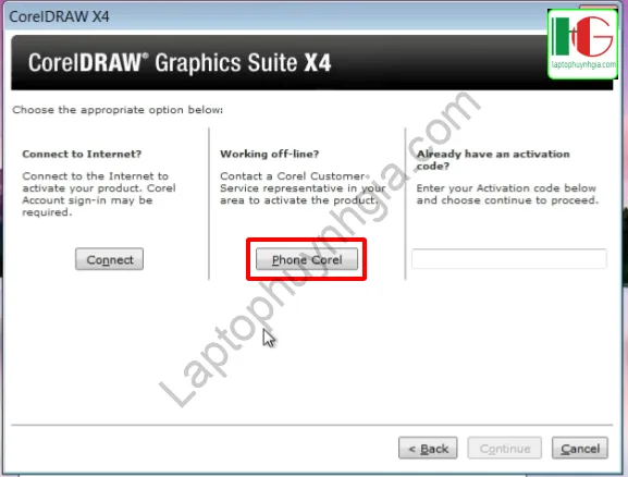 Bước 8: Chọn kích hoạt qua Phone Corel khi cài đặt Corel X4