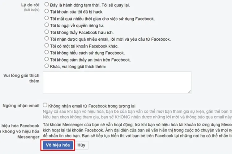 Bước 8: Chọn lý do vô hiệu hóa sau đó nhấn Vô hiệu hóa