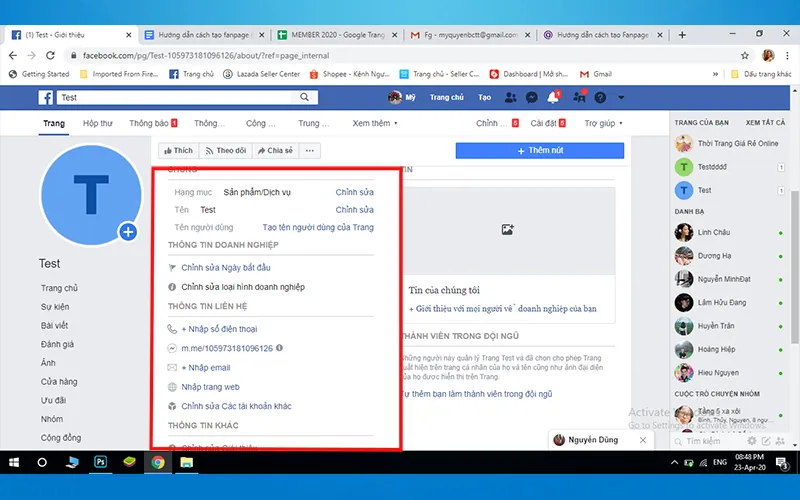 Bước 8: Chọn vào phần Giới thiệu và điền các thông tin cơ bản để hoàn thiện hồ sơ Trang Facebook
