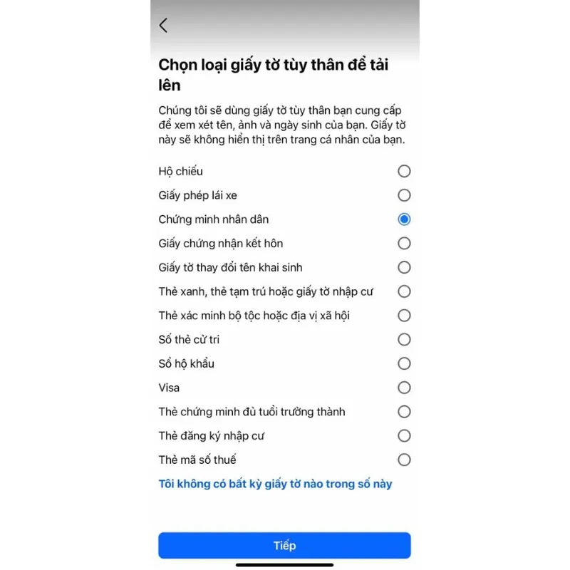 Bước 9: Chọn Chứng minh nhân dân/Căn cước công dân để hoàn thành xác minh