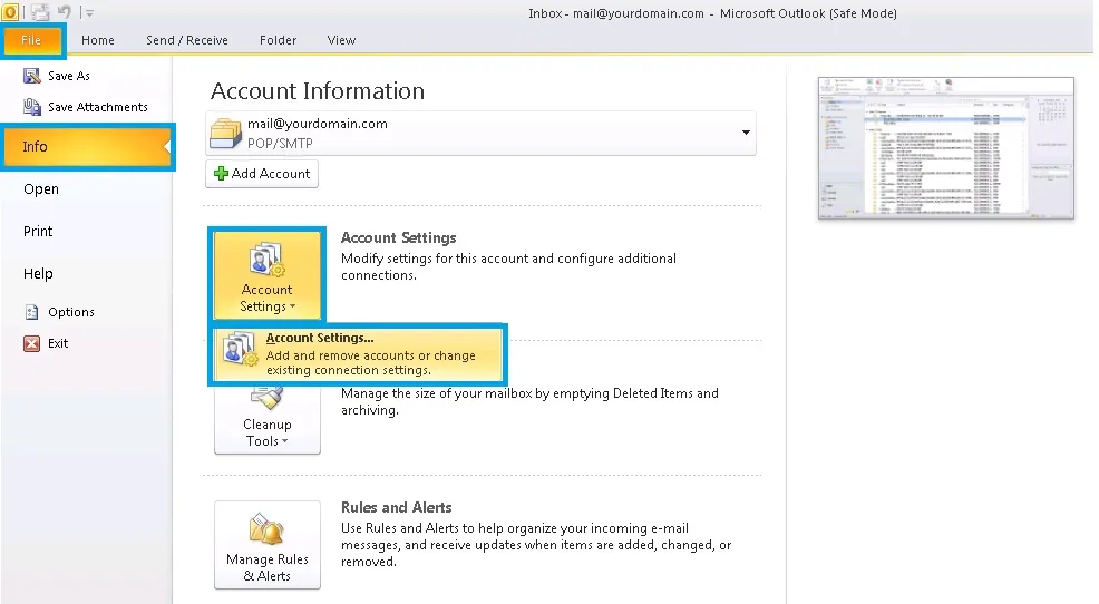 Bước truy cập Account Settings để thêm tài khoản mới trên Outlook 2010
