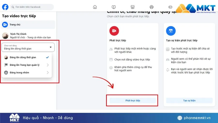 Các bước chuẩn bị phát trực tiếp trên máy tính, lựa chọn nơi đăng và thiết lập chế độ hiển thị.