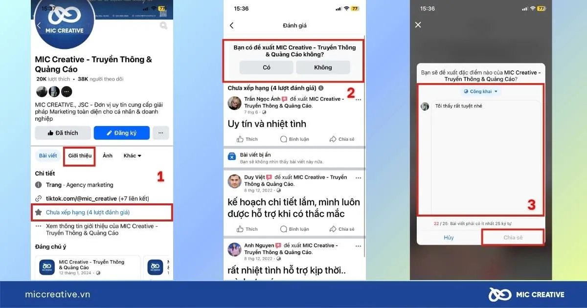 Các bước đánh giá đề xuất Fanpage 5 sao trên ứng dụng điện thoại