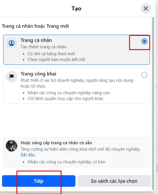 Các bước tạo nick facebook phụ trên máy tính, chọn mục Trang cá nhân mới