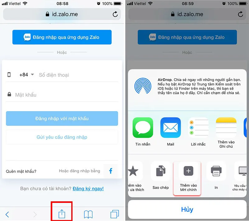 Các bước thêm lối tắt Zalo Web vào màn hình chính iPhone