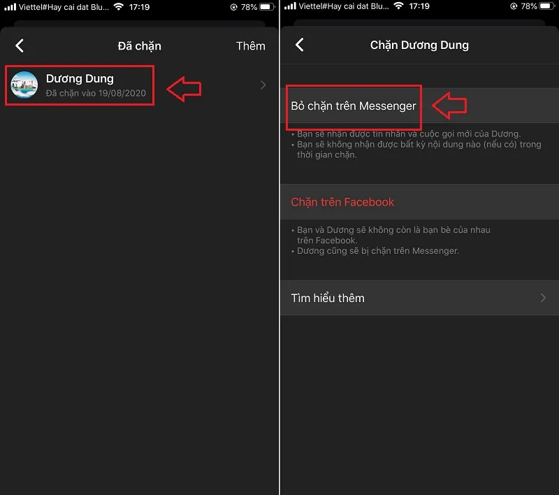 Các bước thực hiện cách bỏ chặn messenger trên facebook di động