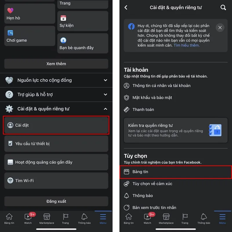 Các bước vào cài đặt bảng tin để thực hiện cách bỏ follow trên facebook trên điện thoại