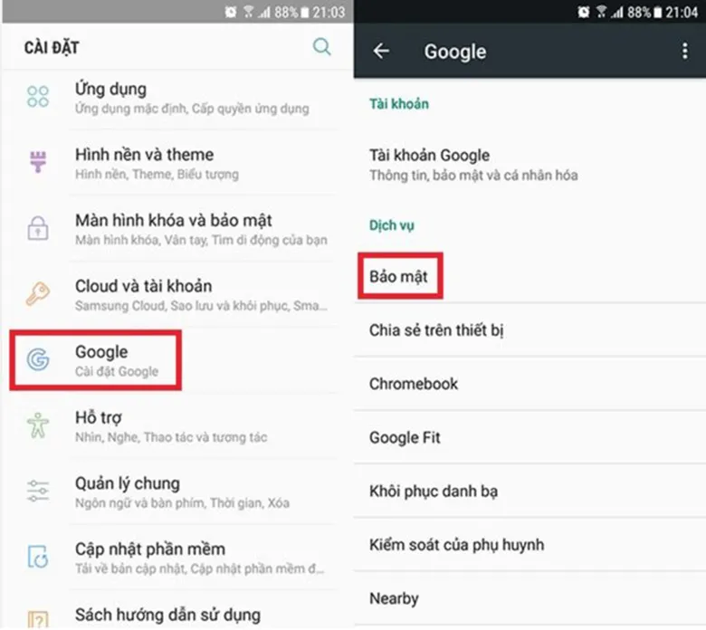 Các bước vào mục Bảo mật để kích hoạt tính năng Find My Device của Google