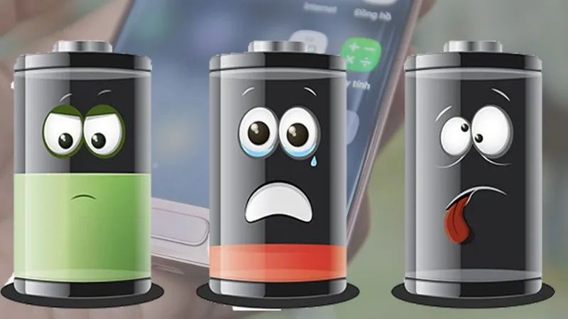 Các trạng thái biểu tượng pin khác nhau trên điện thoại Samsung (bình thường, sạc, pin yếu, đầy)