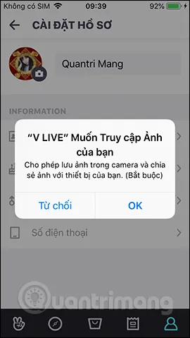 Các tùy chọn cho phép truy cập album ảnh trên thiết bị di động V LIVE để thay đổi ảnh đại diện hoặc cấu hình tài khoản