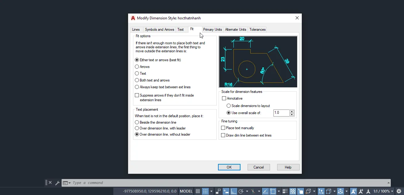 Các tùy chọn Fit Options và Scale trong thẻ Fit nhằm điều chỉnh vị trí đặt kích thước