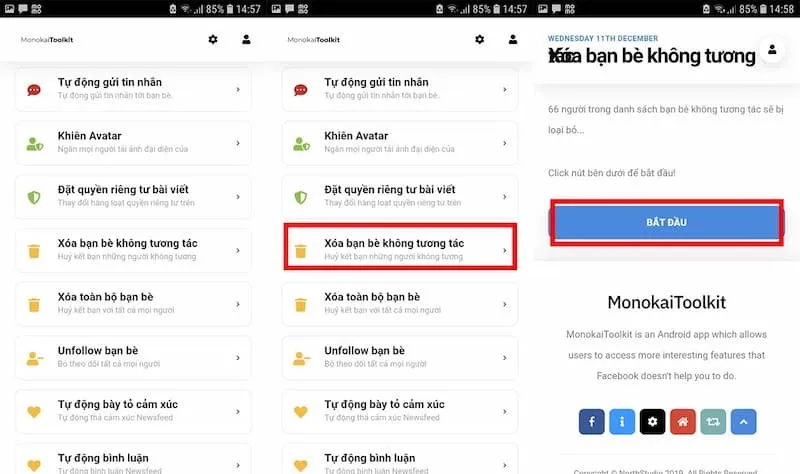 Các tùy chọn lọc bạn bè trên Facebook từ ứng dụng MonokaiToolkit, bao gồm xóa bạn bè không tương tác