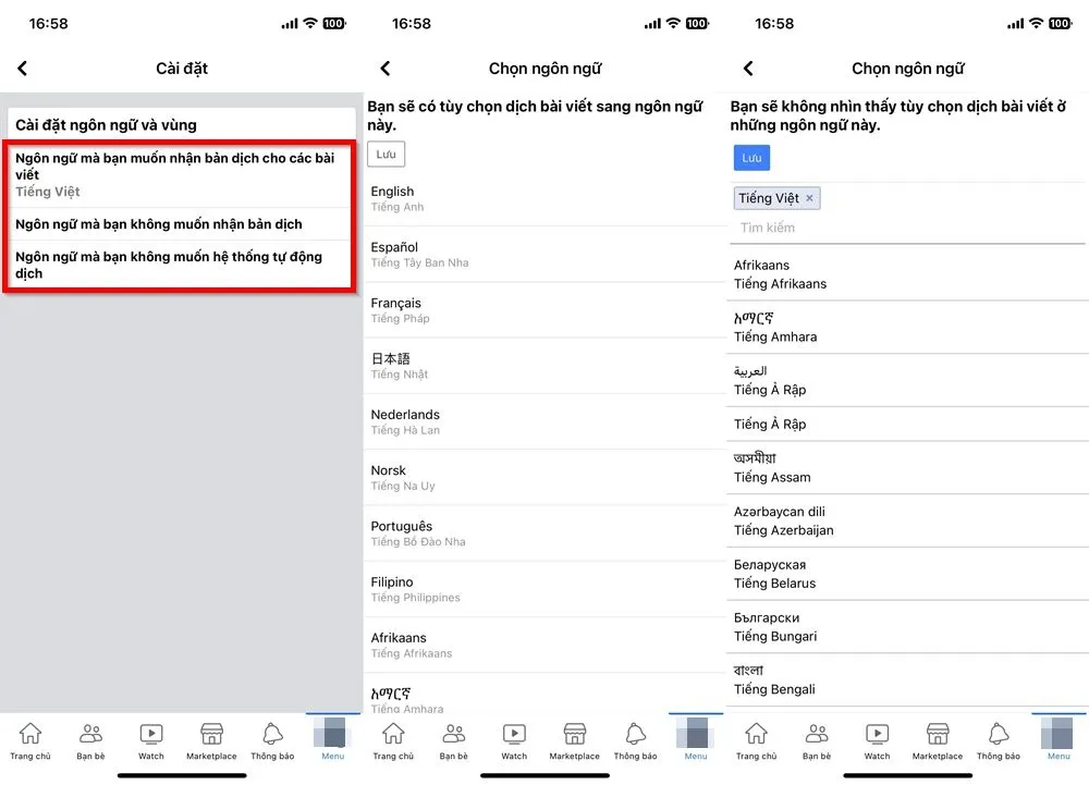 Các tùy chọn Ngôn ngữ nhận bản dịch, ngôn ngữ không muốn dịch, và ngôn ngữ không tự động dịch của Facebook