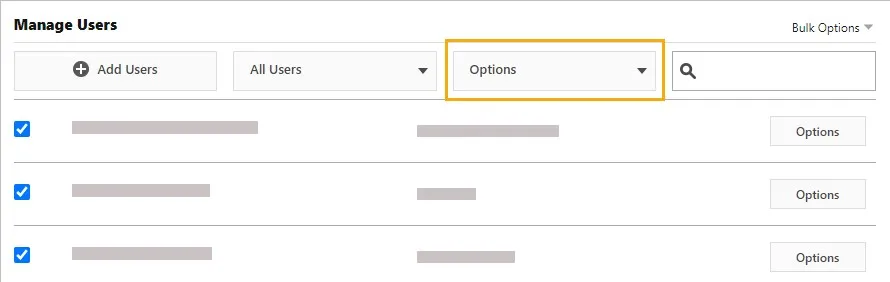 Các tùy chọn Options khi chọn nhiều người dùng cùng lúc trong cổng quản lý Minitab