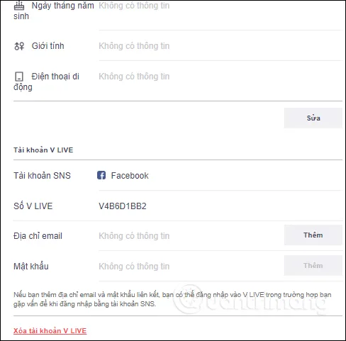 Các tùy chọn thay đổi tên và ảnh đại diện trên V LIVE phiên bản web