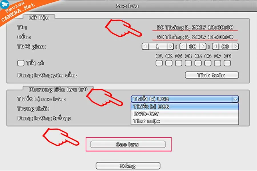 Các tùy chọn thiết bị và thư mục để tải dữ liệu Vantech V1 về máy tính