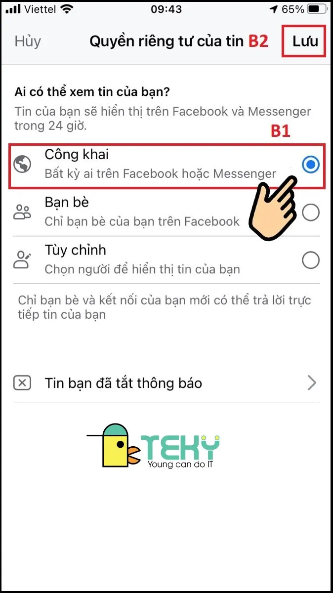 Các tùy chọn thiết lập đối tượng xem: Công khai, Bạn bè, Chọn người