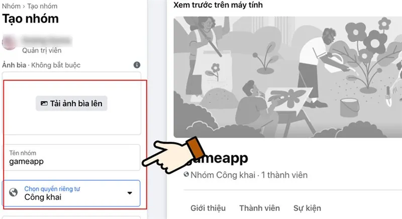 Các tùy chọn thiết lập tên và quyền riêng tư khi tạo group trên Facebook bằng PC