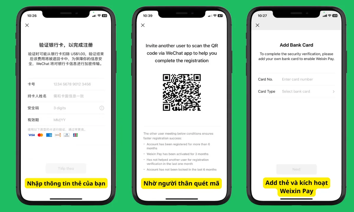Các tùy chọn xác thực tài khoản WeChat bao gồm thẻ thanh toán quốc tế và quét mã QR