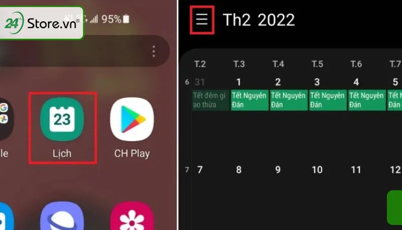 cách cài lịch âm cho điện thoại Android Samsung bước 1: Ứng dụng Lịch, 3 gạch ngang