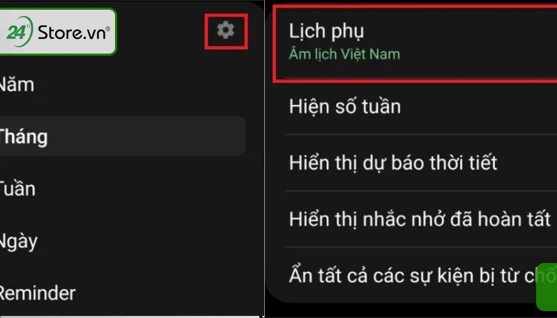cách cài lịch âm cho điện thoại Android Samsung bước 2: Bánh răng, Lịch phụ