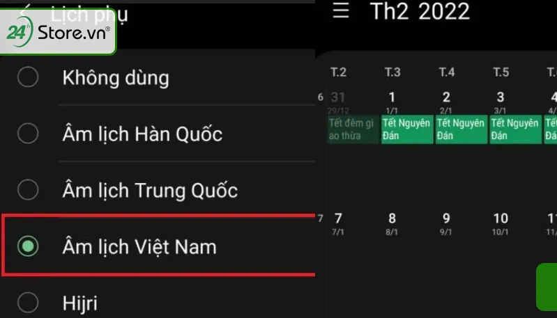 cách cài lịch âm cho điện thoại Android Samsung bước 3: Chọn Âm lịch Việt Nam