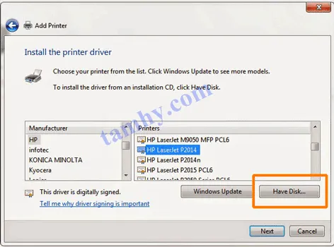 cách cài máy in cho laptop win 7 bằng nút Have Disk