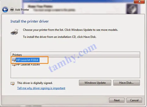 cách cài máy in cho laptop win 7 chọn đúng tên model máy in