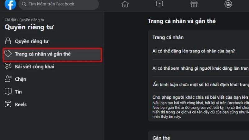 Màn hình cài đặt quyền riêng tư và gắn thẻ trên Facebook bằng máy tính, hướng dẫn cách chặn gắn thẻ facebook