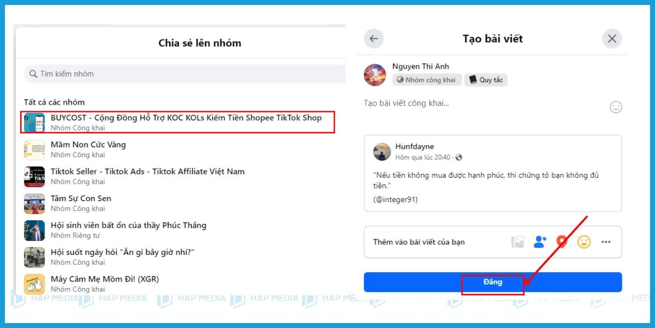 cách chia sẻ bài viết vào nhiều nhóm trên facebook: Chọn nhóm và thêm nội dung