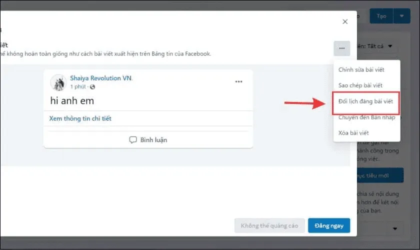 Cách đăng bài trên page Facebook: Chọn Đổi lịch đăng bài viết