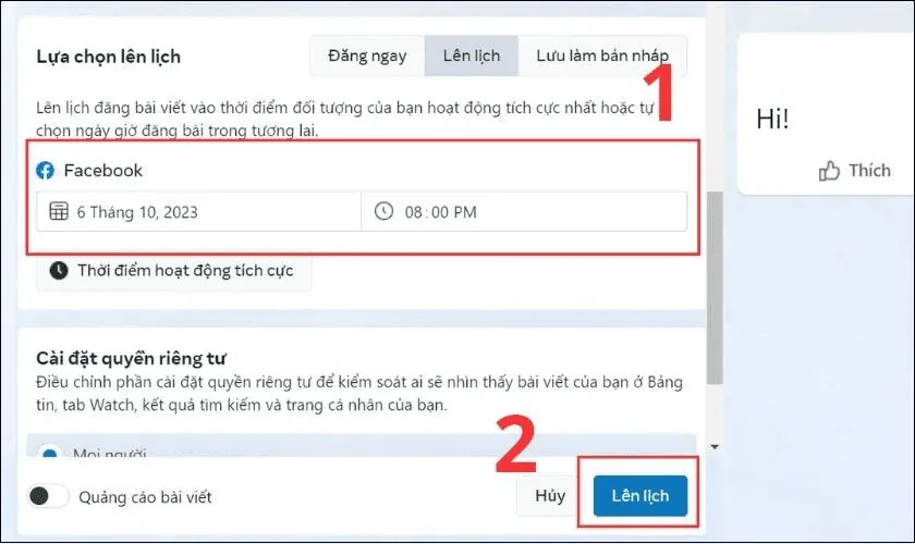 Cách đăng bài trên page Facebook: Nhập nội dung và lựa chọn thời gian đăng