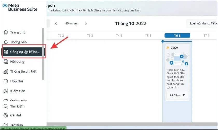 Cách đăng bài trên page Facebook: Truy cập Công cụ lập kế hoạch