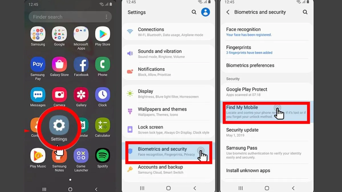 Cách định vị điện thoại Samsung bằng Find My Mobile bước 1,2