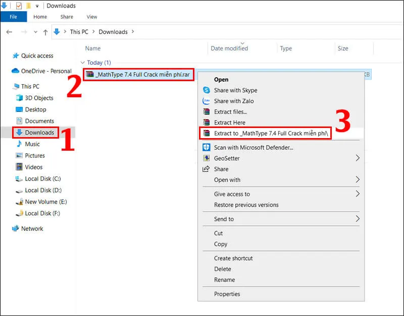 Cách giải nén file cài đặt MathType cho Word 2010 bằng tùy chọn Extract to