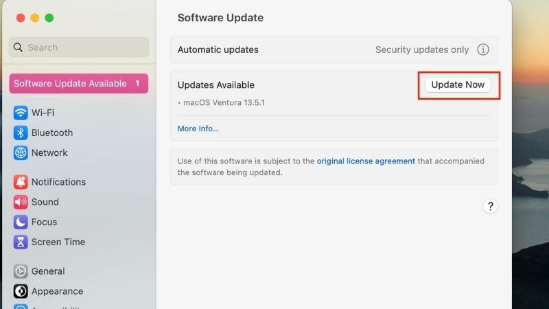 Nhấn Update Now để bắt đầu quá trình cập nhật macOS